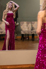 Hot Pink Prom Dress Sheath Sequins Long Evening Dress with Slit