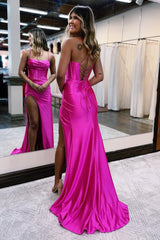 Hot Pink Prom Dress Spaghetti Straps Satin Mermaid Elegant Evening Dress with Split