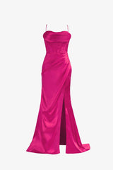 Hot Pink Prom Dress Spaghetti Straps Satin Mermaid Elegant Evening Dress with Split