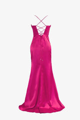 Hot Pink Prom Dress Spaghetti Straps Satin Mermaid Elegant Evening Dress with Split