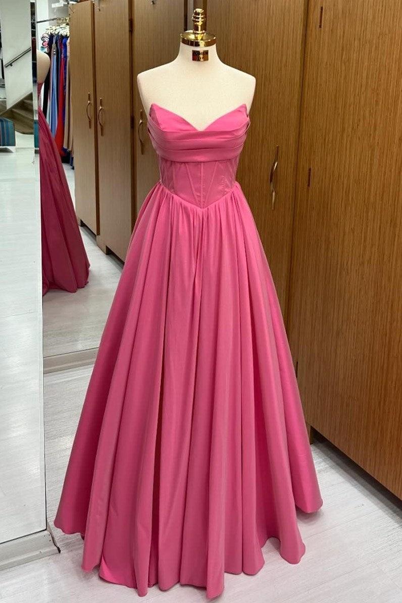 Hot Pink Prom Dress Strapless Lace Up A Line Long Formal Dress Evening Dress