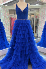 Hot Pink Prom Dress Tiered A Line V Neck Long Beaded Tiered Evening Dress with Lace