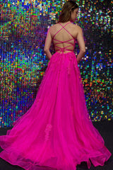 Hot Pink Prom Dress Tulle A Line Evening Dress with Appliques