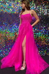 Hot Pink Prom Dress Tulle A Line Evening Dress with Appliques