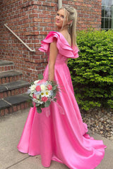 Hot Pink Prom Dress V Neck Ruffle A Line Long Evening Dress