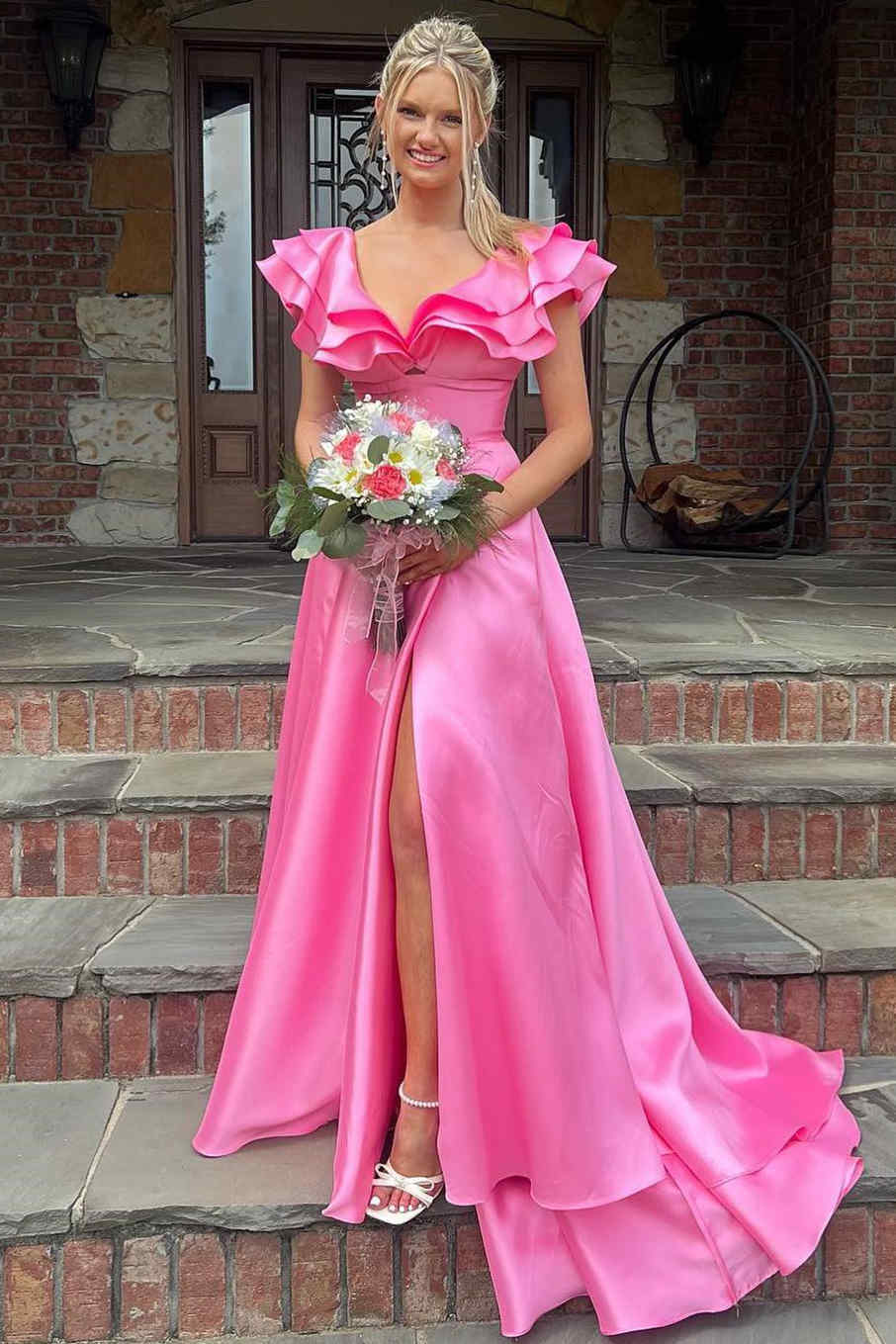 Hot Pink Prom Dress V Neck Ruffle A Line Long Evening Dress