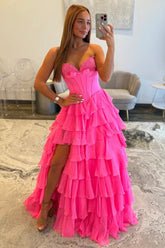 Hot Pink Sweetheart A-Line Prom Gown With Tiered Ruffles And Corset Bodice Formal Evening Gown