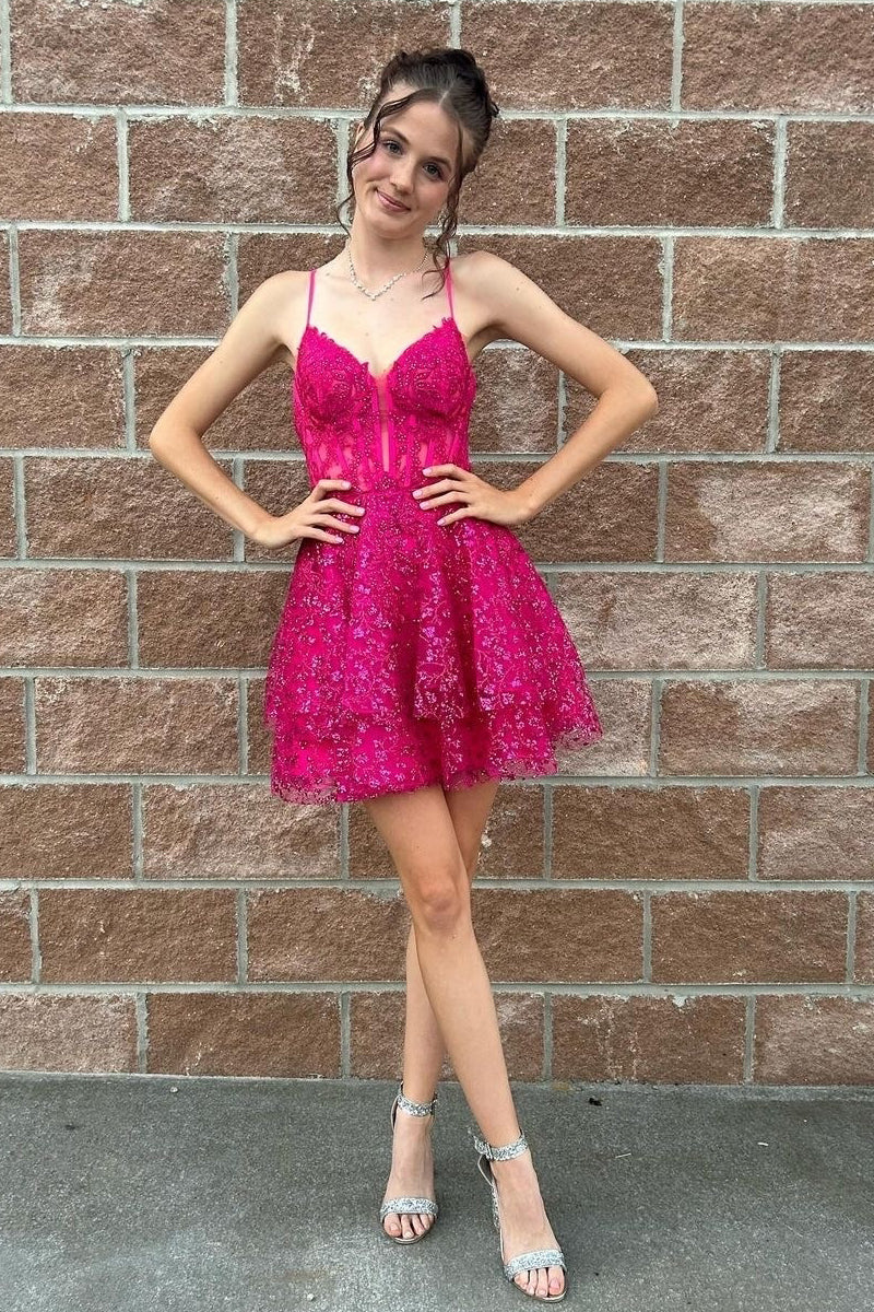 Hot pink Homecoming Dress A Line Sequin Style Lace Short Party Cocktail Dress