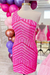 Hot pink Homecoming Dress Bodycon one shoulder Style Sequin Short Party Cocktail Dress