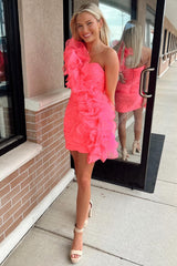 Hot pink Homecoming Dress One Shoulder Ruffle Short Party Cocktail Dress