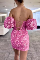 Hot pink Homecoming Dress Sequin Lace Strapless with Detachable Sleeves Short Party Cocktail Dress