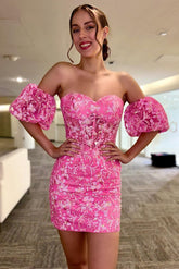Hot pink Homecoming Dress Sequin Lace Strapless with Detachable Sleeves Short Party Cocktail Dress
