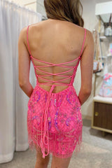 Hot pink Homecoming Dress Sequin Style Embroidered Lace Up with FringesShort Party Cocktail Dress