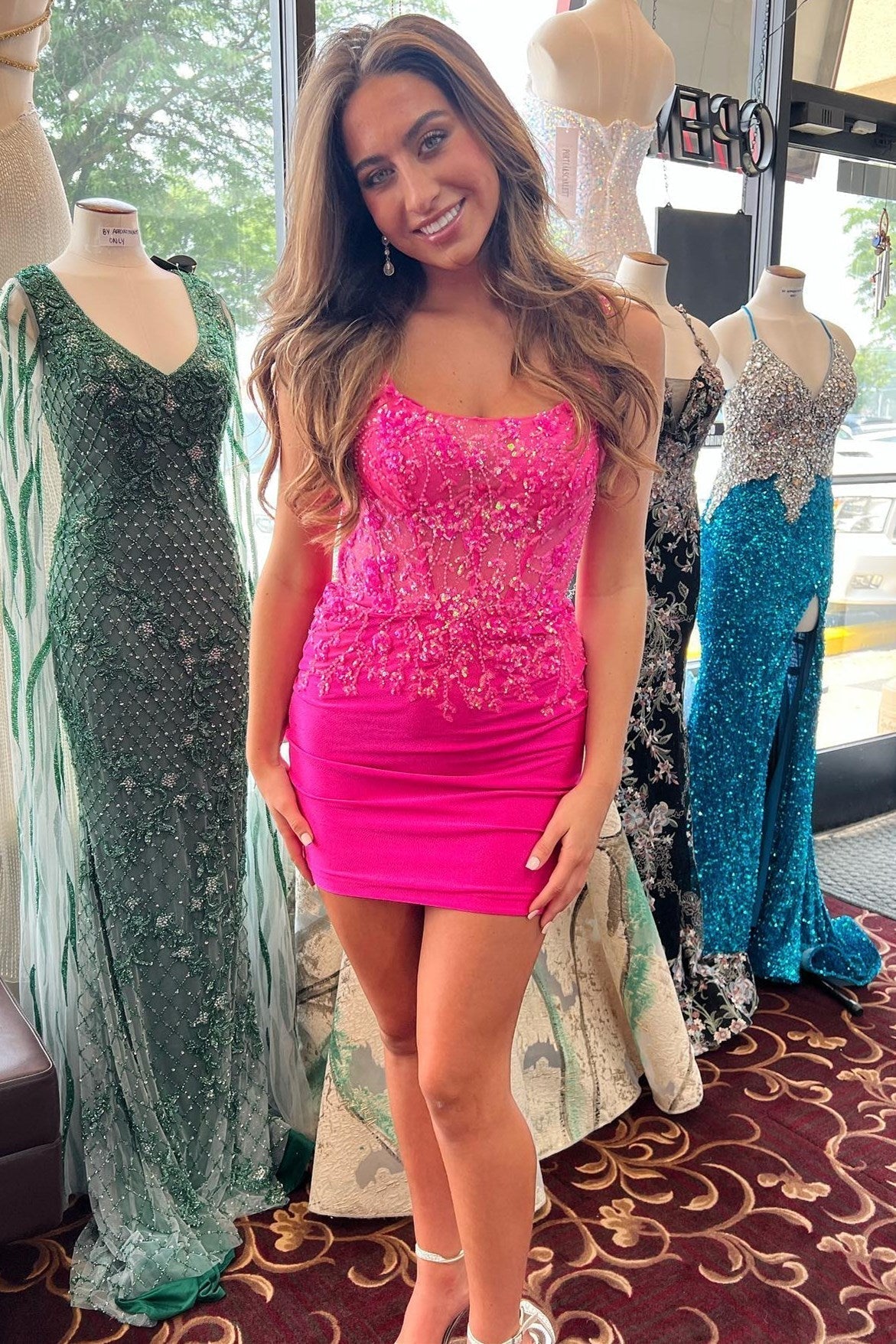 Hot pink Homecoming Dress Sequin Style Lace Backless Fitted Short Party Cocktail Dress