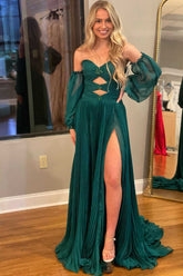 Hunter Green Prom Dress Rhineston Strapless A Line Evening Dress with Sleeves