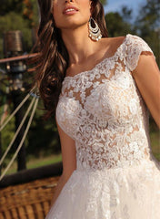 Illusion Neck A Line Sleeveless Sweep Train Tulle Wedding Dress With Lace