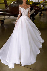 Illusion Neck A Line Wedding Dress With Beading Appliques Lace and Sweep Train