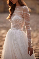 Illusion Neck A Line Wedding Dress with Long Sleeves and Sweep Train in Tulle/Sequined