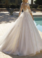 Illusion Neck A Line Wedding Dress with Sequins Lace/Tulle and 3/4 Sleeves