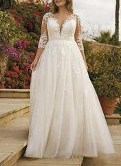 Illusion Neck A Line Wedding Dress with Sequins Lace/Tulle and 3/4 Sleeves