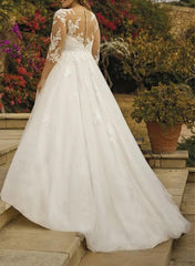 Illusion Neck A Line Wedding Dress with Sequins Lace/Tulle and 3/4 Sleeves