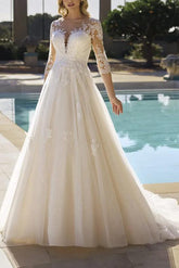 Illusion Neck A Line Wedding Dress with Sequins Lace/Tulle and 3/4 Sleeves