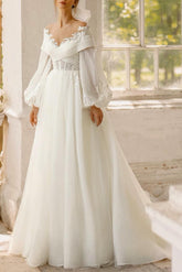 Illusion Neck Lace Long Sleeves Wedding Dress
