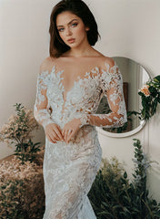 Illusion Neck Long Sleeves Lace Chapel Train Wedding Dress With Appliques Lace