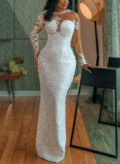 Illusion Neck Long Sleeves Lace/Satin Sheath/Column Wedding Dress