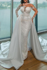 Illusion Neck Long Sleeves Lace/Satin Sheath/Column Wedding Dress