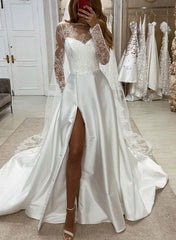 Illusion Neck Long Sleeves Satin Wedding Dress With Lace