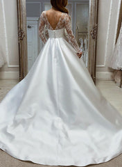 Illusion Neck Long Sleeves Satin Wedding Dress With Lace