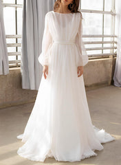 Illusion Neck Long Sleeves Sweep Train Chiffon Wedding Dress