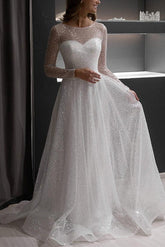 Illusion Neck Long Sleeves Sweep Train Sequined Wedding Dress
