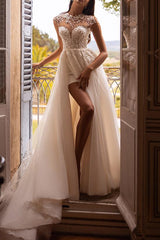 Illusion Neck Short Sleeves Tulle Wedding Dress With High Split