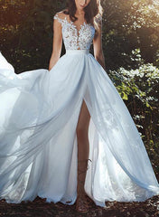 Illusion Neck Sleeveless Lace/Tulle Wedding Dress With Split Front