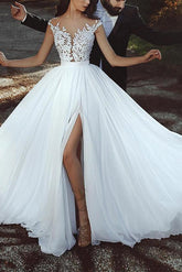Illusion Neck Sleeveless Lace/Tulle Wedding Dress With Split Front