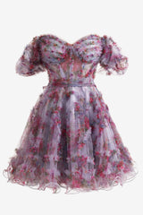 Ivana Homecoming Dress Pretty Light Purple A Line Off the Shoulder Floral Printed Short Party Cocktail Dress