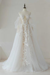 Ivory A Line Lace Tulle Long Formal Dress Evening Dress