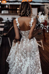 Ivory A Line Spaghetti Strap V Neck Sleeveless Lace Long Tulle Bridal Gown With High Slit