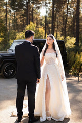 Ivory A Line Strapless Sleeveless Front Spilt Long Tulle Bridal Gown With Appliques