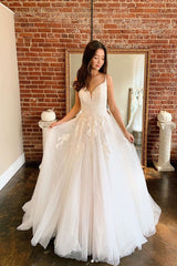 Ivory A Line Tulle Lace Long Bridal Dress