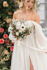 Ivory A Line Wedding Dress Off the Shoulder Tulle Bridal Dress with Sweep Train