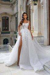 Ivory A Line Wedding Dress Scoop Neck Corset Tulle Bridal Gown with Slit