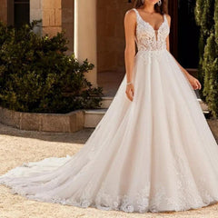 Ivory A Line Wedding Dress V Neck Tulle Appliques Bridal Dress with Sweep Train