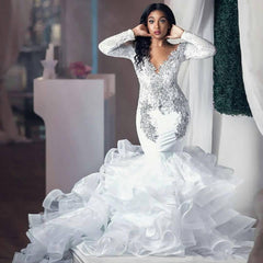 Ivory Beaded Appliques Wedding Dress Long Sleevess Mermaid Bridal Dress