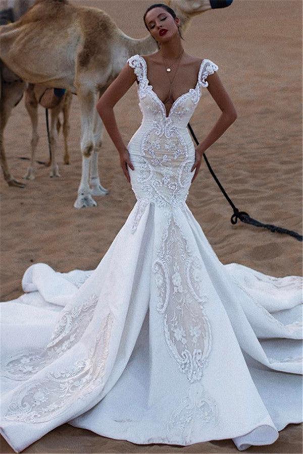 Ivory Cap Sleeves Wedding Dress V Neck Appliques Mermaid Bridal Dress
