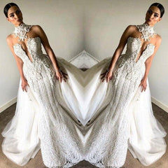 Ivory High Neck Wedding Dress Mermaid Tulle Bridal Dress With Panel Train