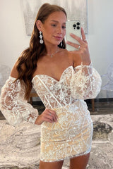 Ivory Homecoming Dress Lace Strapless with Detachable Sleeves Short Party Cocktail Dress
