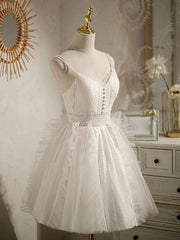 Ivory Homecoming Dress V Neck Tulle Lace Short Party Cocktail Dress